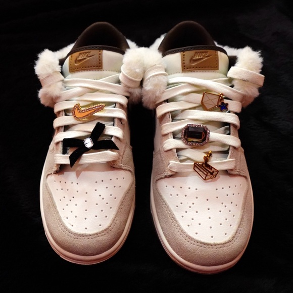 Nike Women's dunks (Low mink and jewels) white and tan with fur trim and charms - Picture 7 of 8